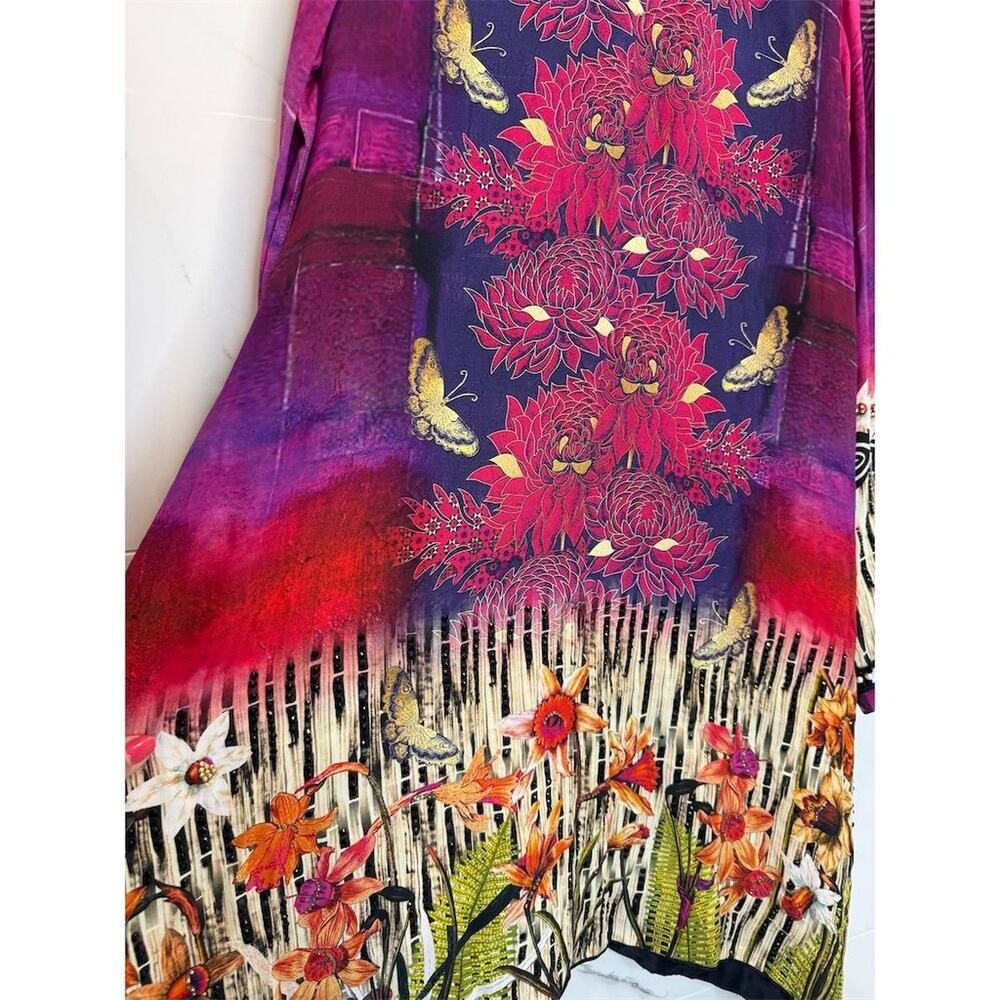 Art-to-wear Sapphire Floral Embroidered Beaded Tunic Dress Bell Sleeve Silk - Picture 6 of 16